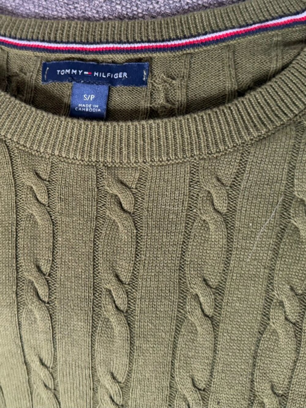 Tommy Hilfiger Cable Knit Crewneck Sweater Olive Green Flag Logo Women S/P